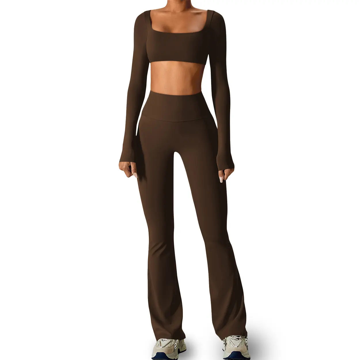 Women's Square Neck Long Sleeve Crop Top High Waist Micro Flare Leggings 2 Piece Workout Set Seamless Yoga Activewear Outfit