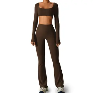 Women's Square Neck Long Sleeve Crop Top High Waist Micro Flare Leggings 2 Piece Workout Set Seamless Yoga Activewear Outfit