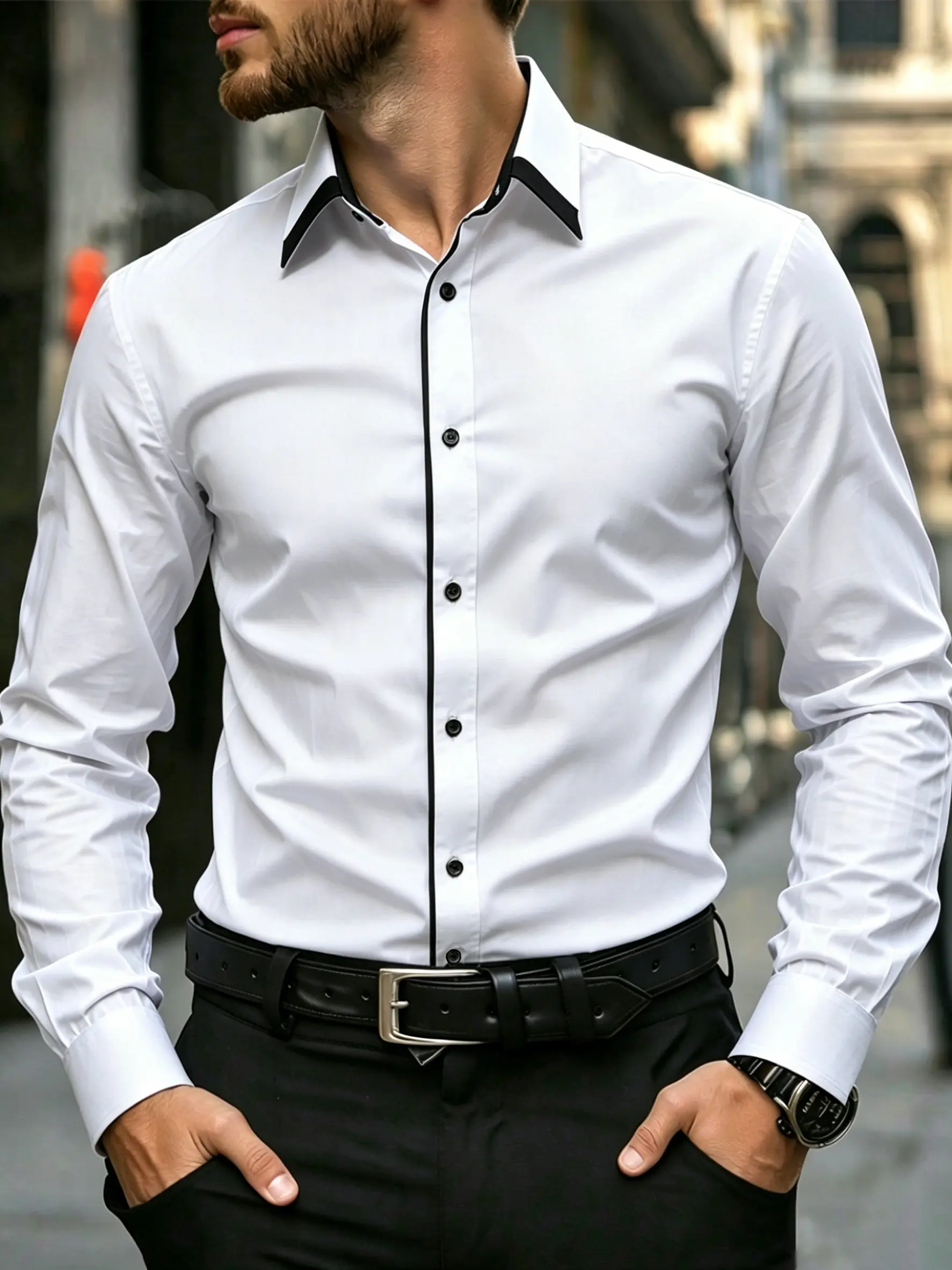 Men’s dress shirt, slim fit button-up long-sleeve shirt with a contrasting collar, suitable for formal business casual occasions—an ideal Father’s Day gift choice.