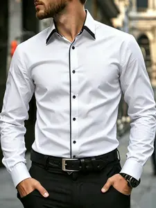 Men’s dress shirt, slim fit button-up long-sleeve shirt with a contrasting collar, suitable for formal business casual occasions—an ideal Father’s Day gift choice.