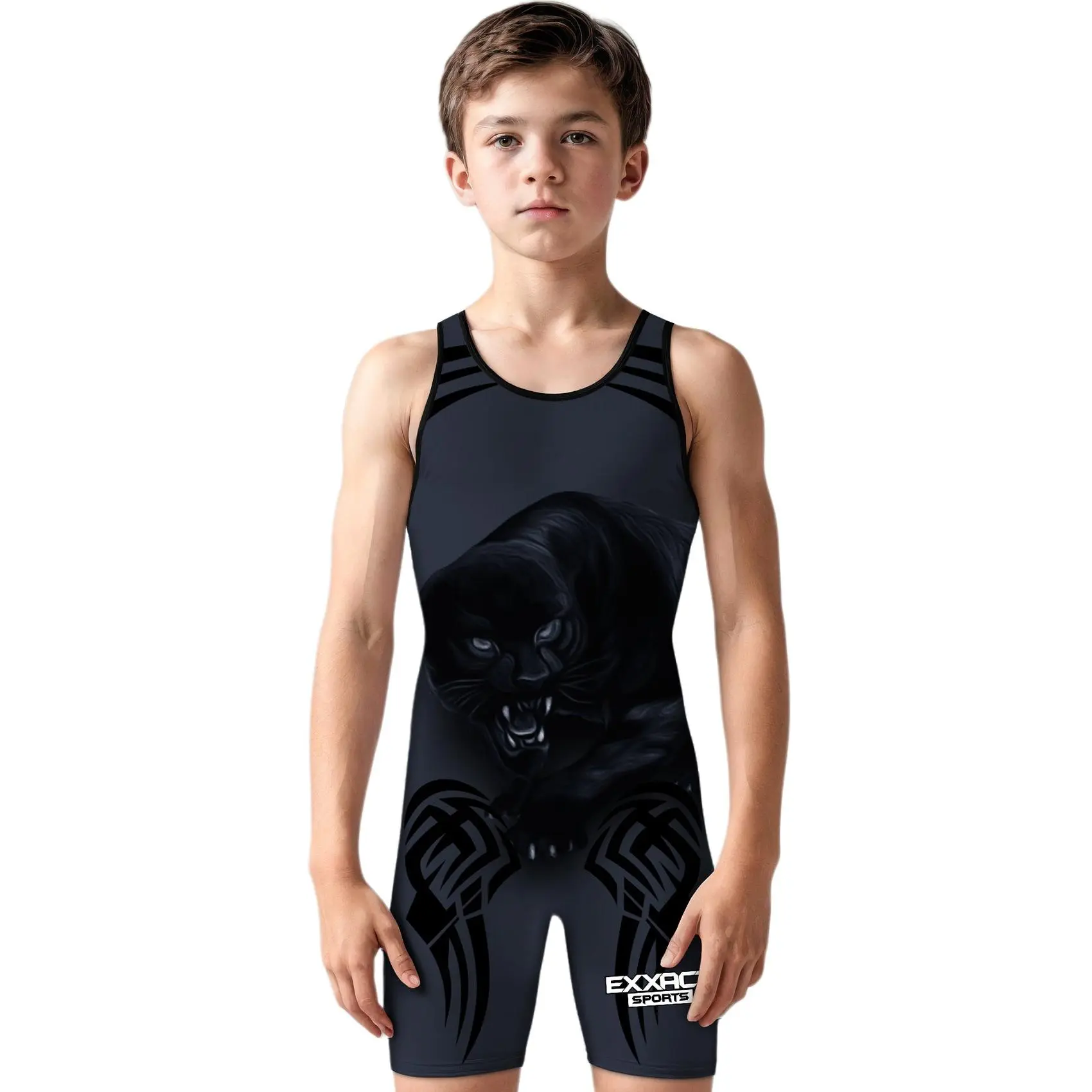 Exxact Sports Youth Wrestling Singlet - Fitted, Sublimated Print, 4-Way Stretch Polyester Sleeveless Unisex Premium Black Panther Apparel for Boys, Powerlifting-Ready Martial Arts Wear, Youth Sizes, Advanced Compression Fit, Multi-Size, S, Polyester Blend