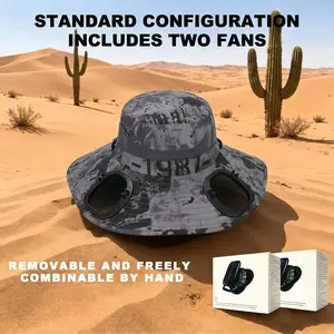 Wide-brimmed fan outdoor fishing hat, 2-piece men's hat with built-in fans, suitable for temperature-sensitive workers, lightweight headband, adjustable hood, reinforced stitching, premium fabric, with cooling cap, perfect for summer travelers