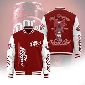 Soda Theme Varsity Jacket, Cute Drink Inspired All Over Print Baseball Coat, Fun Casual Streetwear, Trendy Unisex Outerwear Gift Idea