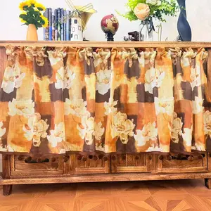 Vintage Warm Floral Cabinet Curtain, No-Drill Oil Painting Cotton Linen Dustproof Curtain, Dark Color Faux Fur Fringe Concealment Curtains