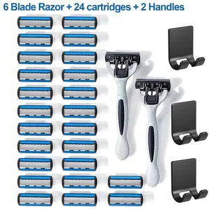 24 stainless steel 6-blade razors, 3 wall-mounted razor holders, for men, beard—replaceable blades, 2 non-slip handles—disposable yet reusable manual safety razors