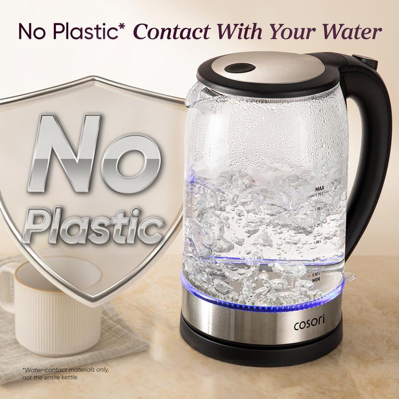 COSORI Electric Glass Kettle, 1.8Qt/1500W, No Plastic Filter & Spout, Auto Shut Off, Black, Hot Water Boiler for Coffee&Tea, College Dorm Essential GK-172/173
