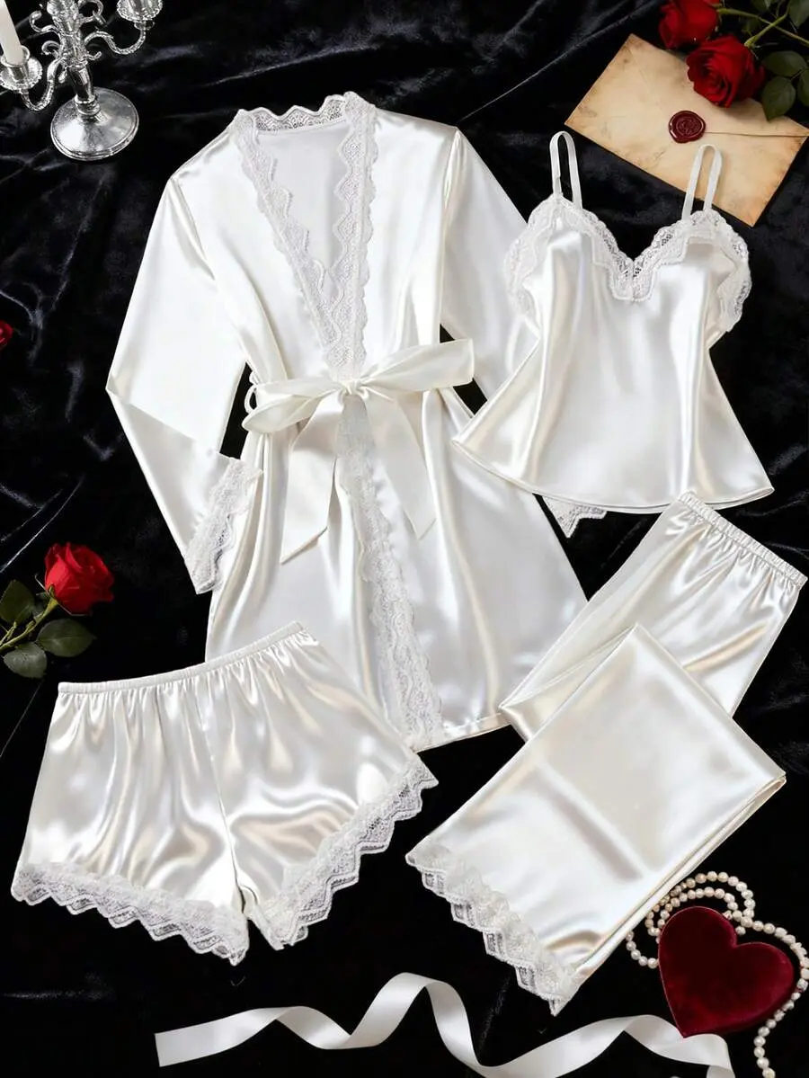 5pcs Solid Satin & Lace Patchwork Pajama Set, Including Long Sleeve Robe, V-Neck Camisole, Shorts, Pants And Belt, Elegant Sleepwear And Loungewear For Women