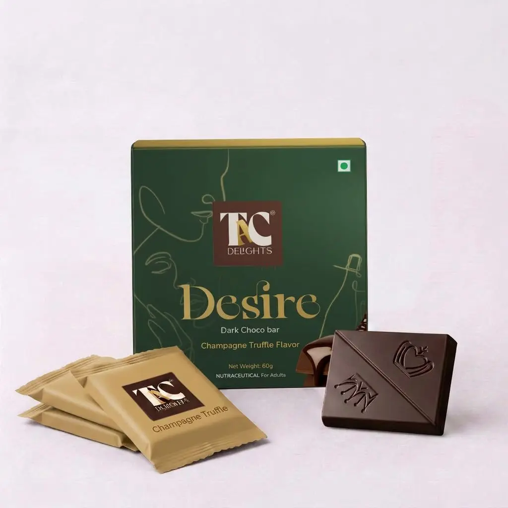 TAC Delights Desire - Luxury Chocolate - 1 box (3 serving bars) - 2.12 oz- Premium Dark Chocolate with Champagne Truffle flavour - Improves mood and connection