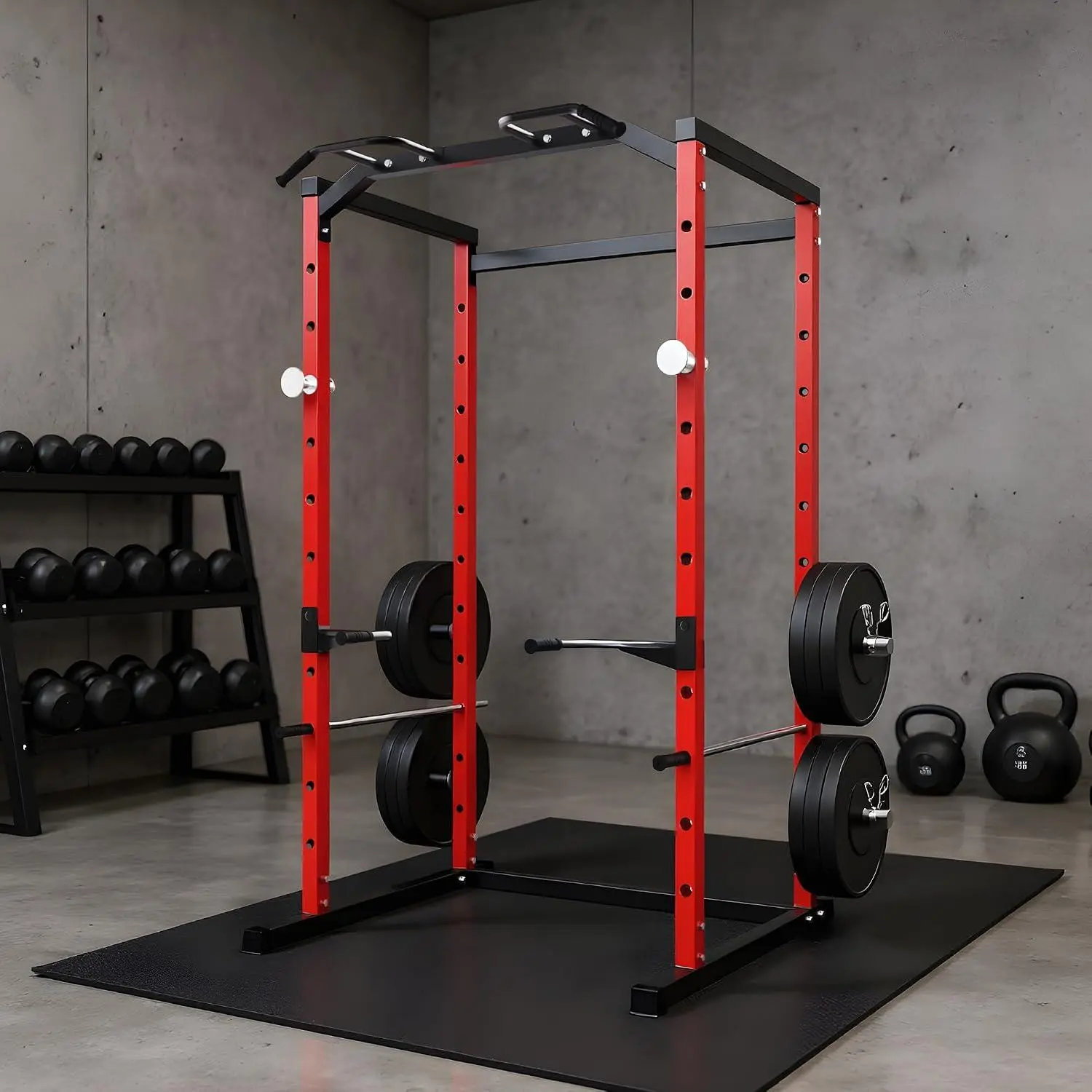 GARVEE Heavy Duty Power Cage Squat Rack for Home,1100 LB Capacity Power Rack with Pull-Up Bar, Dip Bars, j-Hooks Adjustable Safety Bars Spotters Squat,Red