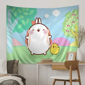 Cute Molang Bunny Tapestry, Kawaii Rabbit & Chick Print Wall Hanging, Pastel Cartoon Decor for Bedroom Living Room Kids Room