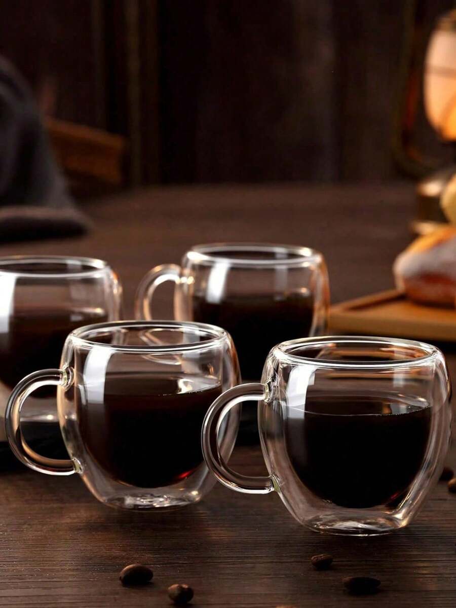 2pcs/6pcs Set Espresso Cups With Handles, 2.8oz Transparent Espresso Cups, 2.5*2.6inch Double Wall Heat-Resistant Glass Cups, Creative Tea Flower Cups, Insulated Water Cups, Espresso Cups, Cold Drink Milk Juice Cups, Mugs