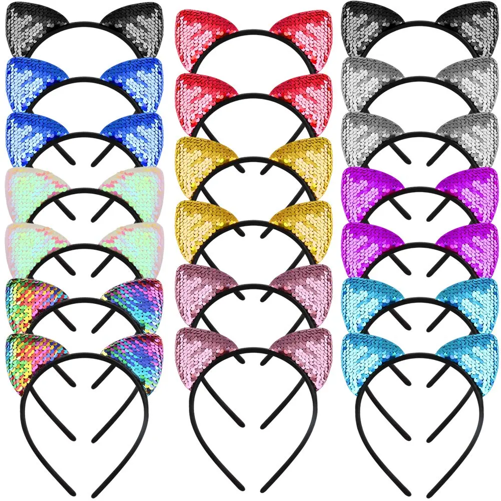 20 Pieces Reversible Female Glitter Sequin Cat Ear Headbands - Half Flip, Flexible Plastic Hair Accessories for Girls - Home Improvement Supplies