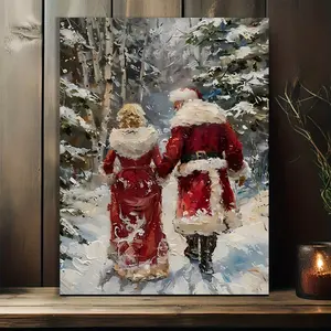 1 Piece Unique Wooden Frame Canvas Poster, Vintage Santa Claus and Santa Claus Grandma Walking in the Snow Canvas Art Wooden Frame Christmas Decoration, Perfect for Home Wall, Anniversary, Back to School, Graduation Ornaments