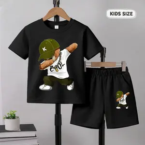 Boys' Hip Hop Style Cartoon Bear Graphic Print Short Sleeve T-Shirt and Shorts Set, Casual Kids Summer Outfit, Comfortable Crew Neck Two-Piece Set for Daily Wear, Outdoor Activities and Play