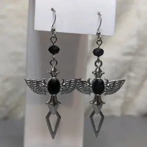 Black And Silver Cross Charm Earrings With Black Crystal Accent