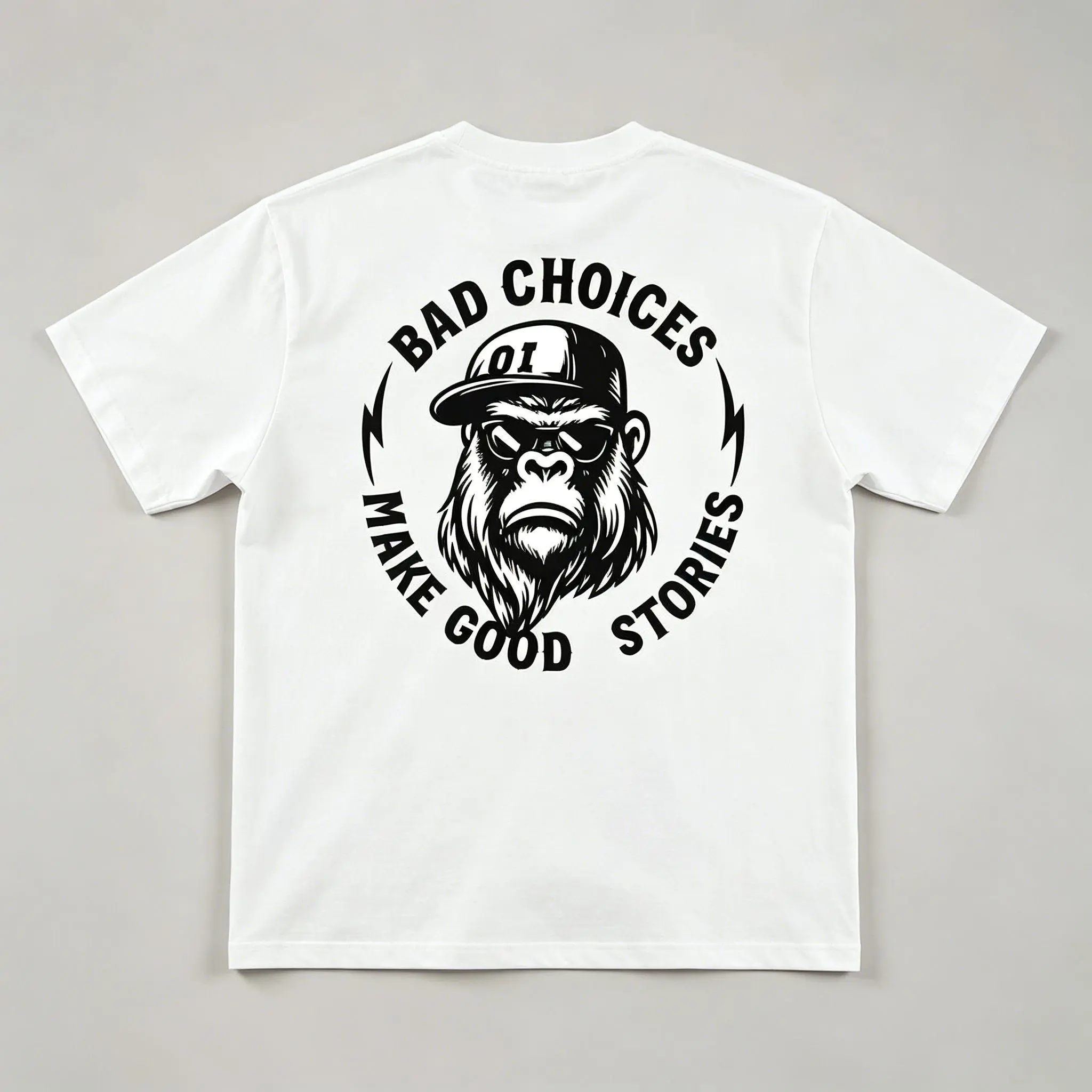 Bad Choices Make Good Stories Cool Gorilla Back Print Circle Thunder Graphic Streetwear T-Shirt (No Box Included)