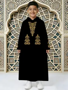 Boys Hooded Thobe with Large Golden Scroll Embroidery, Middle Eastern Islamic Jubba for Kids (Black)