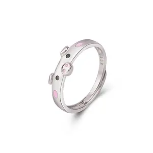 Cute Pink Enamel Piggy Ring Popular Lucky Pig Animal Couple Open Ring Ladies Jewelry Lover Gift Adjustable Wholesale