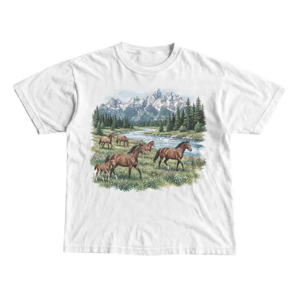 Vintage Wild Horses Mountain Landscape Graphic T-Shirt, Rustic Western Nature Scenic Tee, Forest River Outdoor Adventure Unisex Cotton Shirt