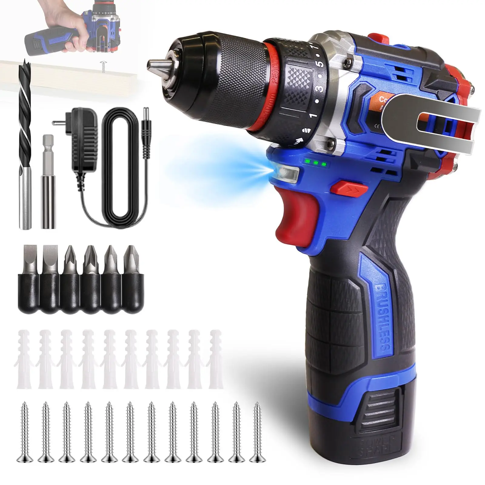 Aspro 16.8V Cordless Drill Set – Brushless Motor, 2-Speed, Keyless Chuck, LED Light, Battery & Charger Included – For Drilling & Screwing