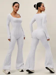 Women's Large U-Neck Long Sleeve Spring Summer Knit Wide Ribbed Texture Yoga Jumpsuit, Casual Fashion Home Commute Wear, Sporty Comfy Jumpsuit