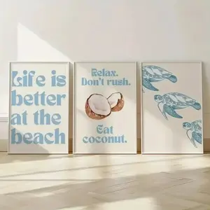 3pcs Summer Coconut Turtle Animal Canvas Art, Coastal Nautical Light Blue Peaceful Living Room Modern Decoration Poster, Unframed Wall Hanging