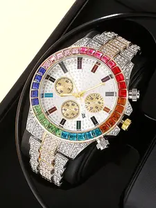 Men's Fashion Colorful Rhinestone Decorated Quartz Wristwatch, Fashion Watch for Party, Daily Clothing Decor, Trendy All-match & Exquisite Watch for Birthday Gift, Rhinestone Watches