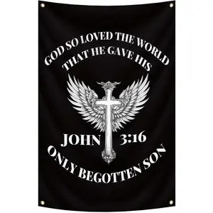 Jesus Tapestry Cross Angel Wings Wall Art John 3:16 God So Loved The World Christian Wall BannerBible Verse Scripture Jesus Tapestry for Indoor and Outdoor Wall Hanging
