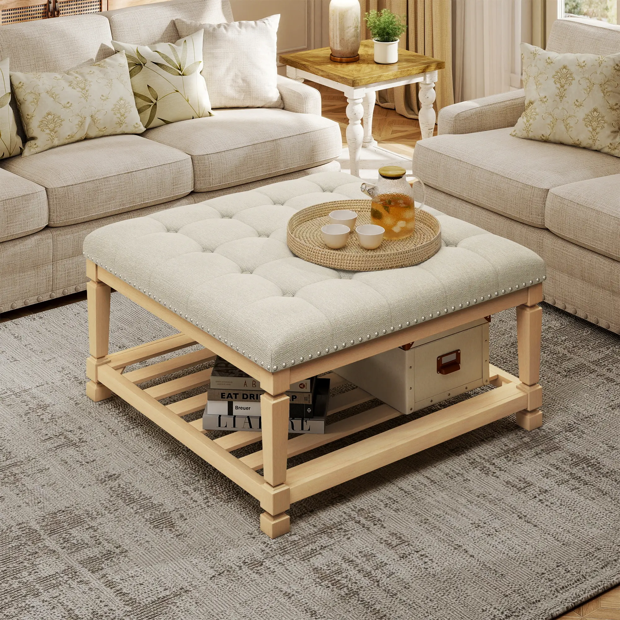32''Large Square Ottoman Coffee Table, Linen Solid Upholstered Footrest Ottoman with Solid Wood Shelf Storage Tufted Coffee Table for Bedroom Living Room