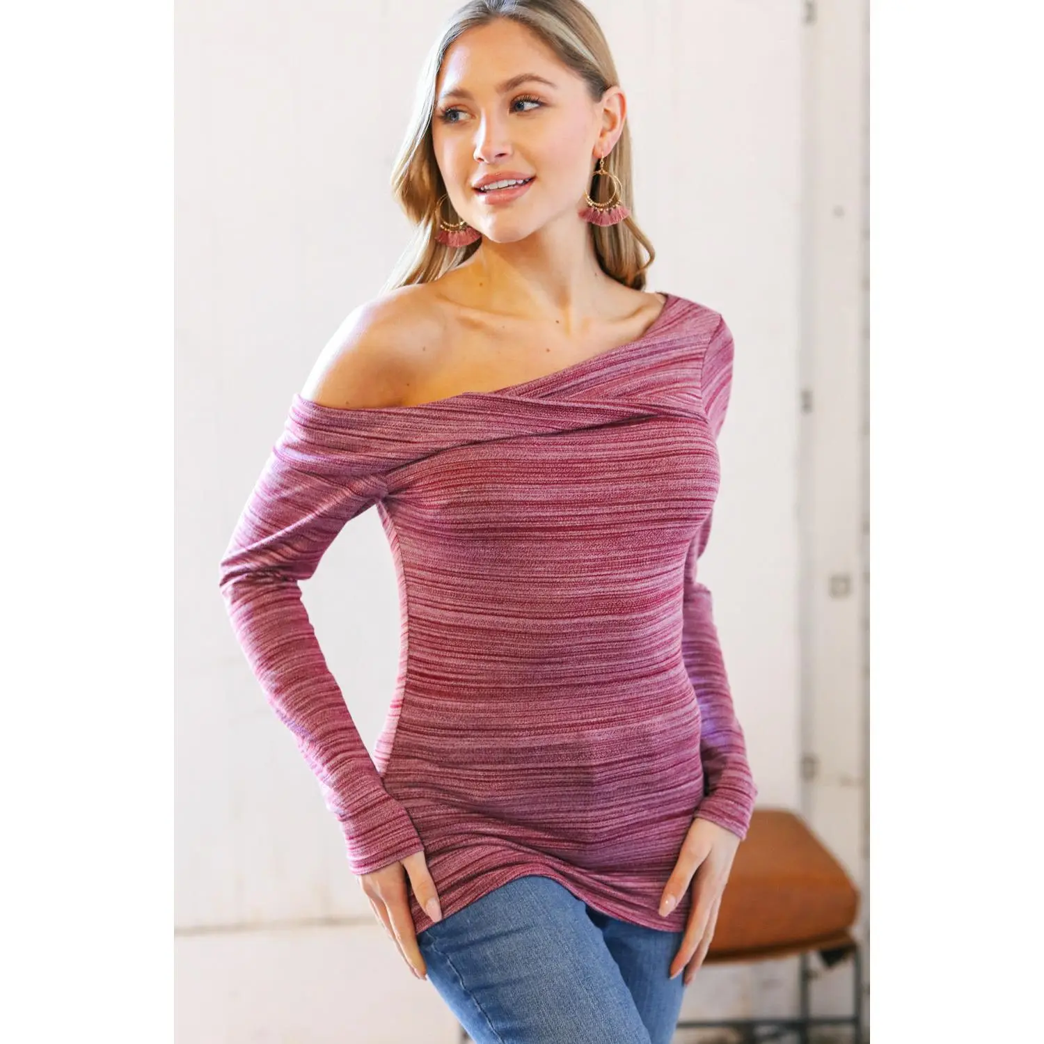 Burgundy Two Tone Hacci One Shoulder Top