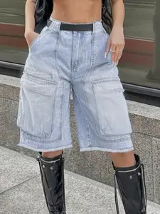 GILIPUR High Street Fashion Cargo Denim Summer Shorts with Large Pockets and Frayed Edges - TChic