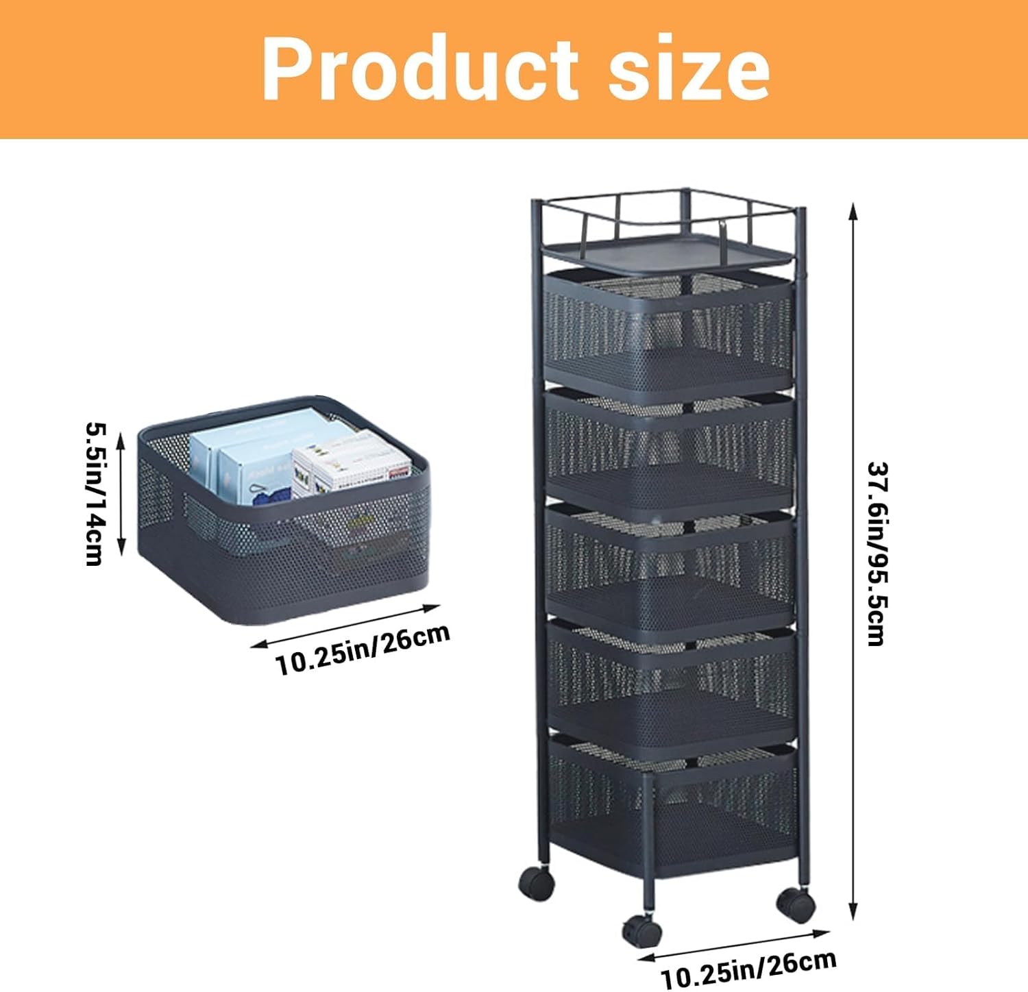 5 Tier Rotating Rolling Storage Cart with Top Lid & 360° Wheels, Metal Mesh Rolling Cart Organizer for Fruits Vegetables Groceries Potato Onion Corns, Kitchen Storage Cart No Assembly Black