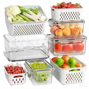 4 Pack Fridge Organizers and Storage - Stackable Fruit Storage Containers for Fridge with Removable Colander, BPA-Free Food Storage Container for Salad Berry Lettuce Vegetables Meat Keeper Fresh