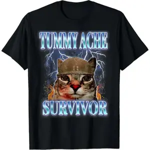 Tummy Ache Survivor Cat Meme Funny Saying Cats Animals T-Shirt for adult kids boy graphic Tees shirts funny vintage fashion Short Sleeve tops vacation outfits clothing
