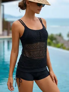 Women's Hollow Out Mesh Two-Piece Set, Dual Layer Straps Tankini Tops, Short Pants, Adjustable Side Drawstring, Summer Swimwear