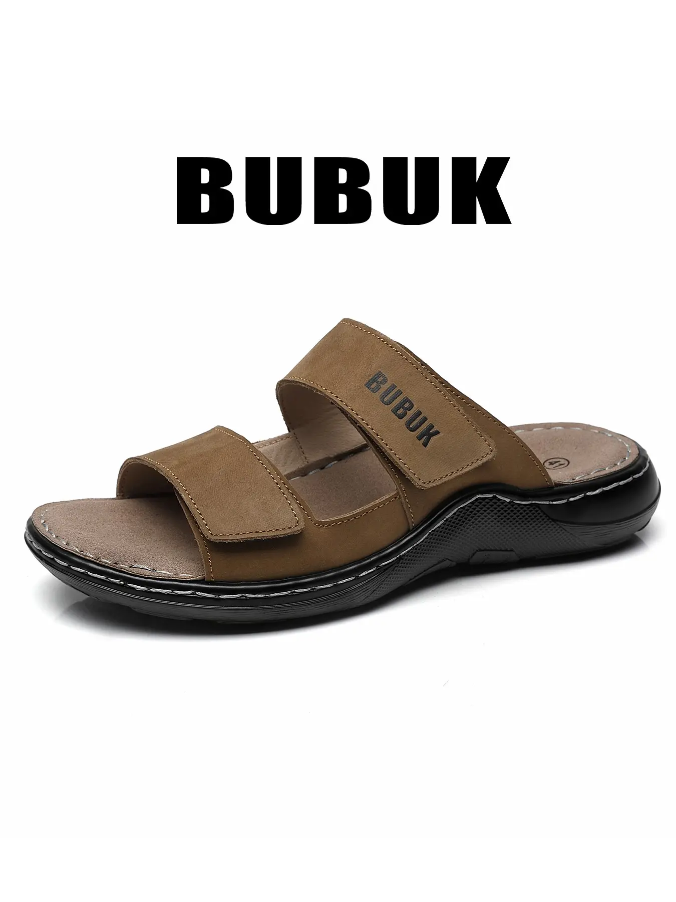 BUBUK Men's Genuine Leather Sandals, Outdoor Casual Slippers, Sporty Beach Shoes, Top-Quality Cowhide, Comfortable Toe-Exposed Design
