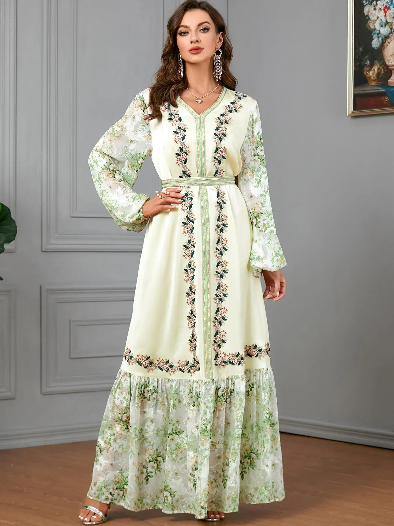 Arabic Clothing- Women's Floral Print Embroidered Belted Tie Back Dress, Elegant V Neck Bishop Sleeve Muslim Dress for Party Dating Formal Occasions,