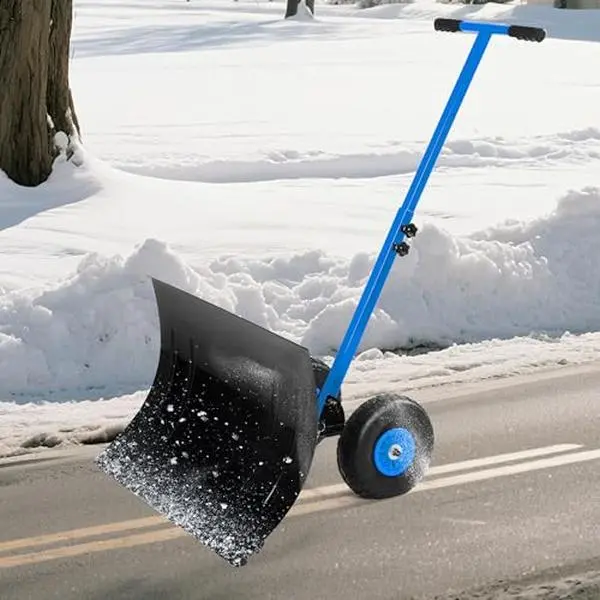 GARVEE Snow Shovel with Wheels, Heavy-Duty Metal Snow Pusher Shovel with 5-Position Angled Blade & Adjustable Handle,29.1 x 19.3 in Steel Snow Pusher,Ergonomic Design for Driveway Doorway Sidewalk,Blue
