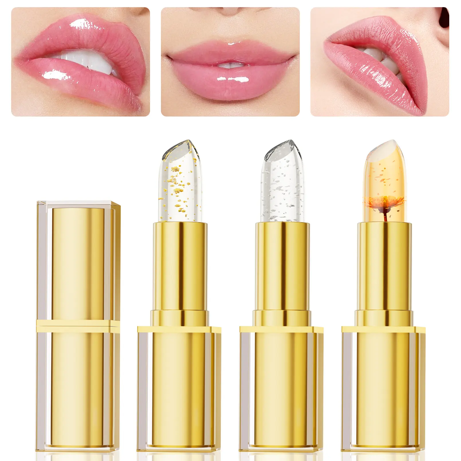 Gold Foil pH-Temperature Color-Changing Lipstick & Lip Gloss - Floral, Gold Aesthetic, Bling Effect, Luxurious Design, Transparent Design, Hydrating, Non-Transfer, 24-Hour Wear Lip Care Cosmetic Primer, Moisturizing, Ph-Temperature Adjusting, Glossy L, Mo