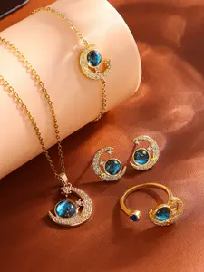 Elegant Copper Zircon Matching Jewelry Set, Starry Planet Design Necklace Bracelet Ring Earrings, Boho Style for Daily Wear Party Gift