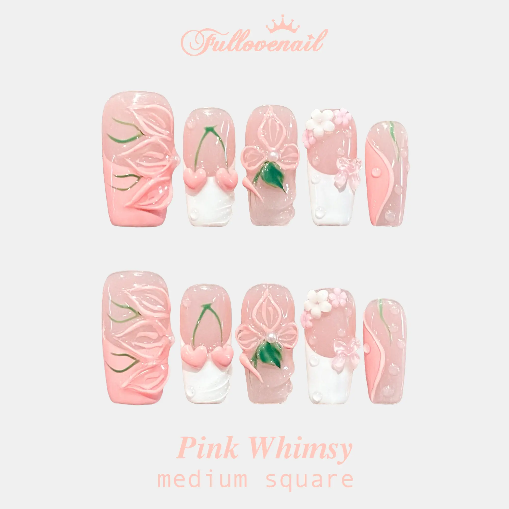 Fullovenail Medium Square Shape 10 PCS Pink Floral Handmade Press on Nail REUSABLE 3D Gel Fake Nails Acylic Press on Nail/Summer 2025 party press