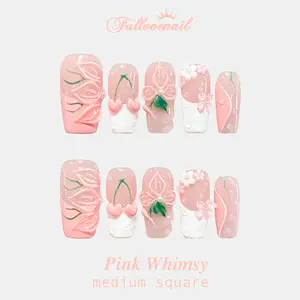Fullovenail Medium Square Shape 10 PCS Pink Floral Handmade Press on Nail REUSABLE 3D Gel Fake Nails Acylic Press on Nail/Summer 2025 party press