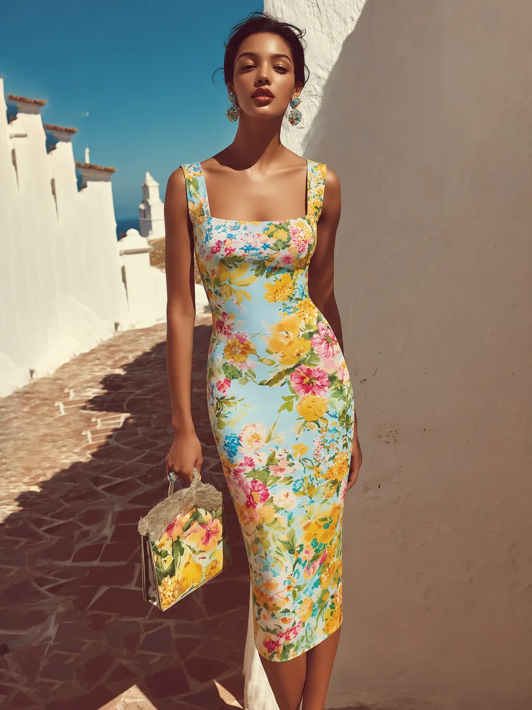 FEHAUTE Elegant Floral Square Neck Sheath Wide Strap Back Zip Summer Cocktail Party Wedding Guest Midi Dress for Women, Formal, Elegant Dresses For Women Sleeveless Style Dress Bohemian