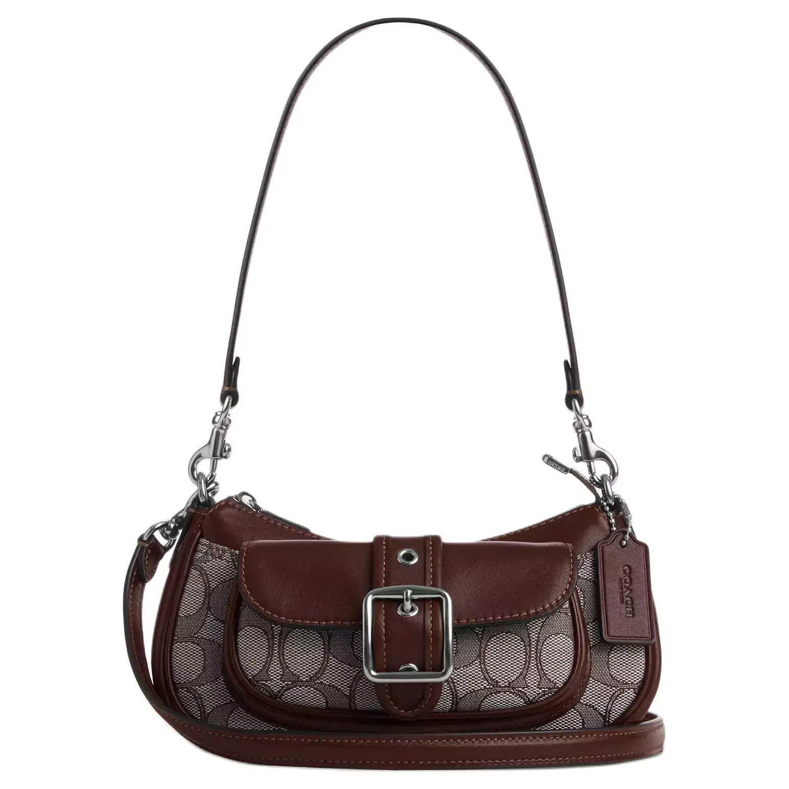 COACH Ashton 20 Small Shoulder Bag with Smooth Lambskin and Silver Buckle Jacquard Logo for Women Leather Satchel Crossbody Purses