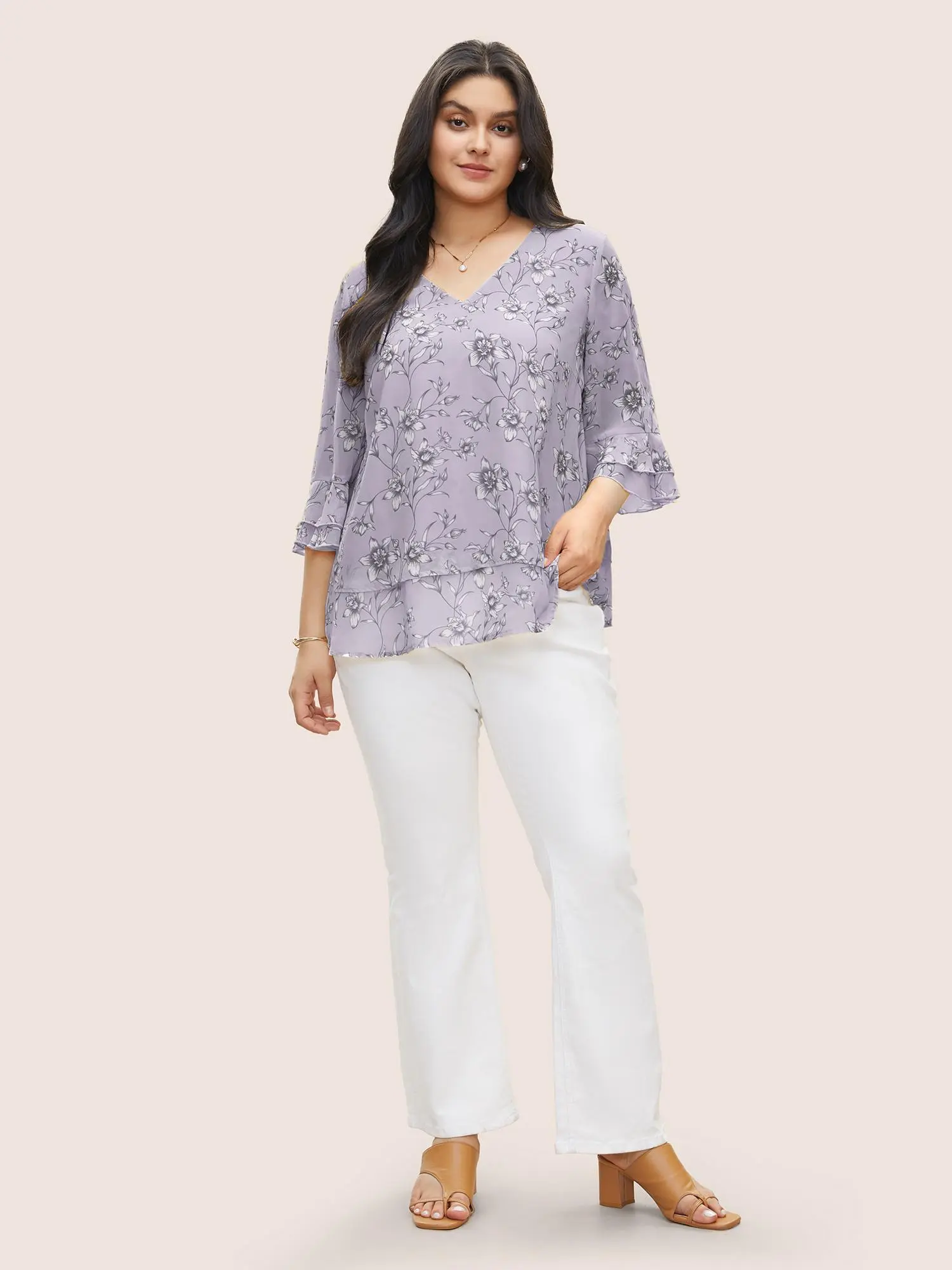 BloomChic Plus Size Daffodil Floral Print Blouse in Lilac, V-Neck Polyester Summer Top with Tiered Ruffle Sleeves, Regular Fit, Smooth, Garment, Fabric, Shirts, Colorful Style, Wardrobe Staples