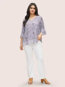 BloomChic Women's Plus Size Floral Daffodil Print Polyester Mesh Blouse - V-Neck, Tiered Ruffle Sleeves, Smooth Fabric Top with Perfect Fit, M-6X 2026 Summer Mother's Day Shirts Pick Swimweek