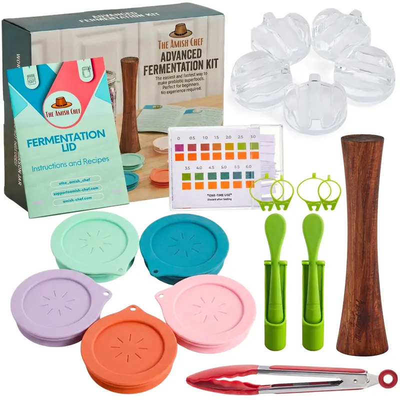 Fermentation Kit by The Amish Chef - Pickle Kit, Sauerkraut Making Kit Kimchi Container - Fermentation Airlock Lids for Wide Mouth Mason Jars