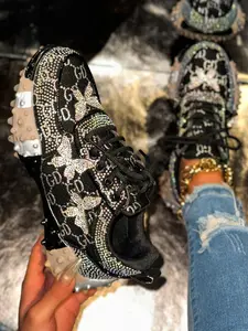 Women's Rhinestone Embellished Thick Sole Sneakers, Trendy Sneakers, Comfortable Anti-Slip Casual Dad Shoes, Round Toe Low Top, All Seasons Street Style