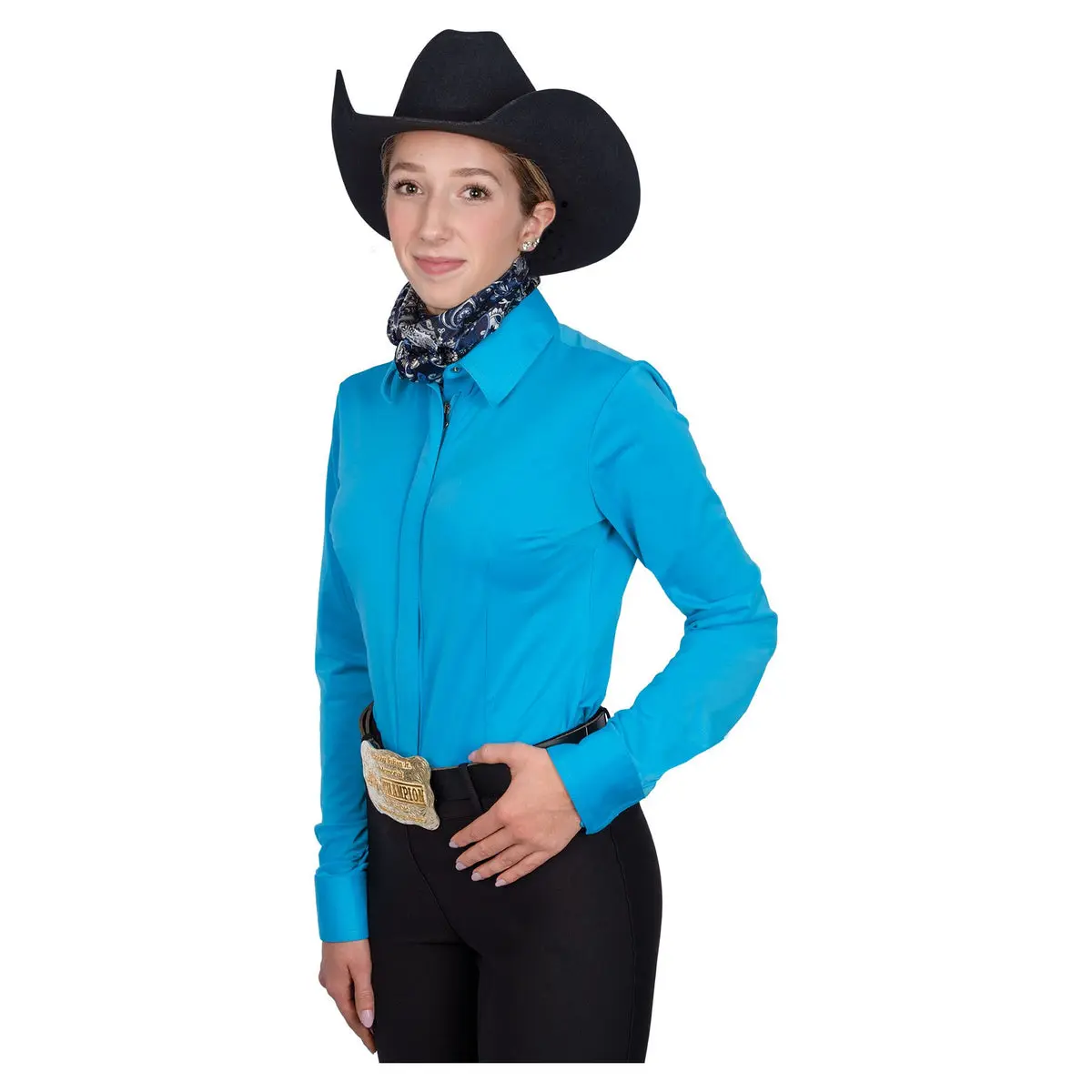 Women's Western Cowgirl Show Shirt - Long Sleeve, Lightweight 4-Way Stretch Spandex-Polyester Fabric, Smooth Slimming Fit, Button-Front Tops & Blouses for All-Day Horse Riding Elegance
