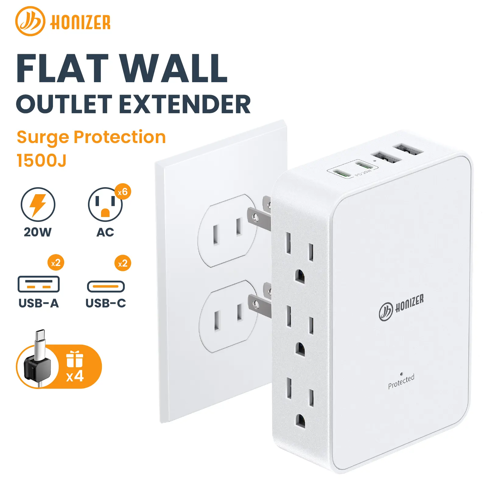 HONIZER Outlet Adapter, 2 Prong to 3 Prong with 6 AC Side Outlets, PD 20W USB-C, 2 Prong Power Strip with 4 Cable Clips, Multi Plug Outlet Splitter, Polarized Plug, Ideal for Old House